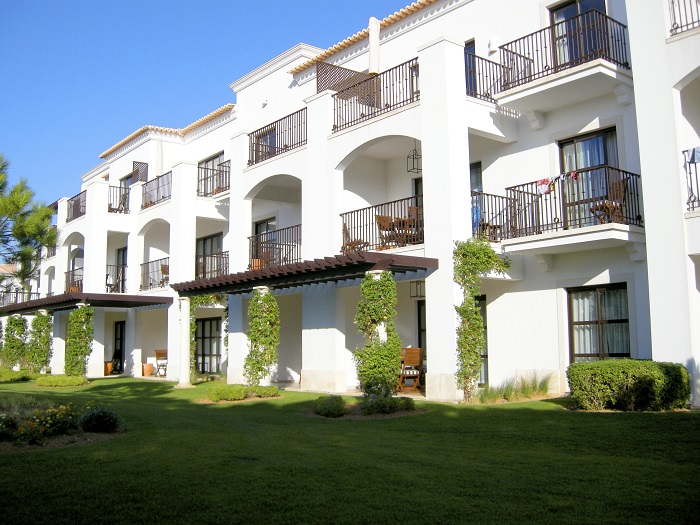 Apartment Complex with White Walls and Balconies